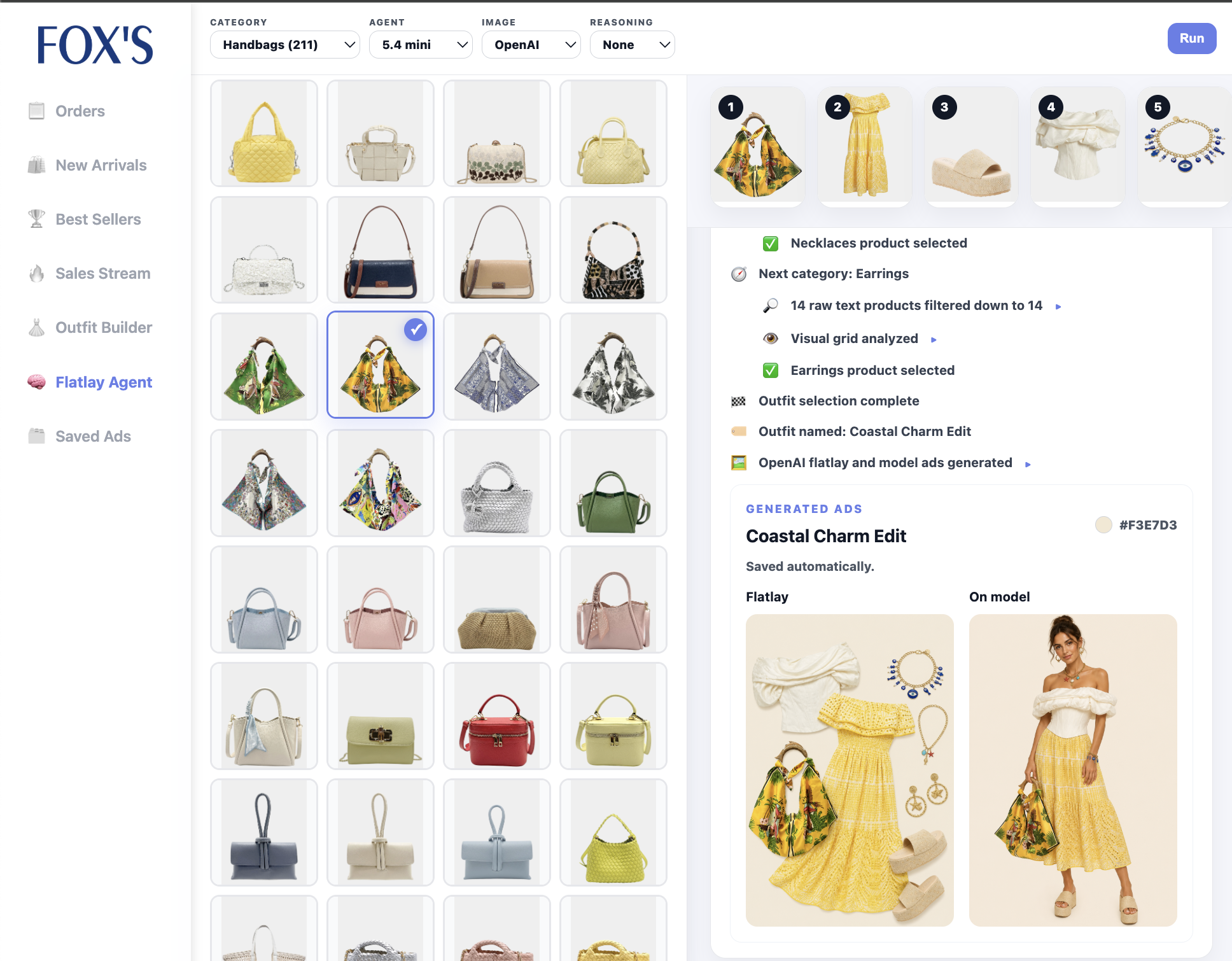 Flatlay Agent dashboard running through outfit categories